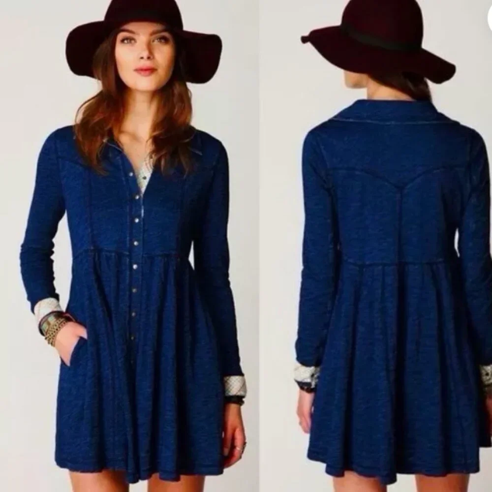 Free People Chambray Indigo Knit Baby Doll Snap Front Mini Dress Blue Size Small
